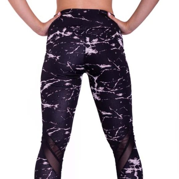 High-Waisted & Mash Panel Gym and Yoga Leggings with Side Pockets Marble Black - Picture 3 of 7